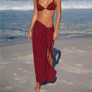Wine Red Wrap Cover-Up Midi Skirt